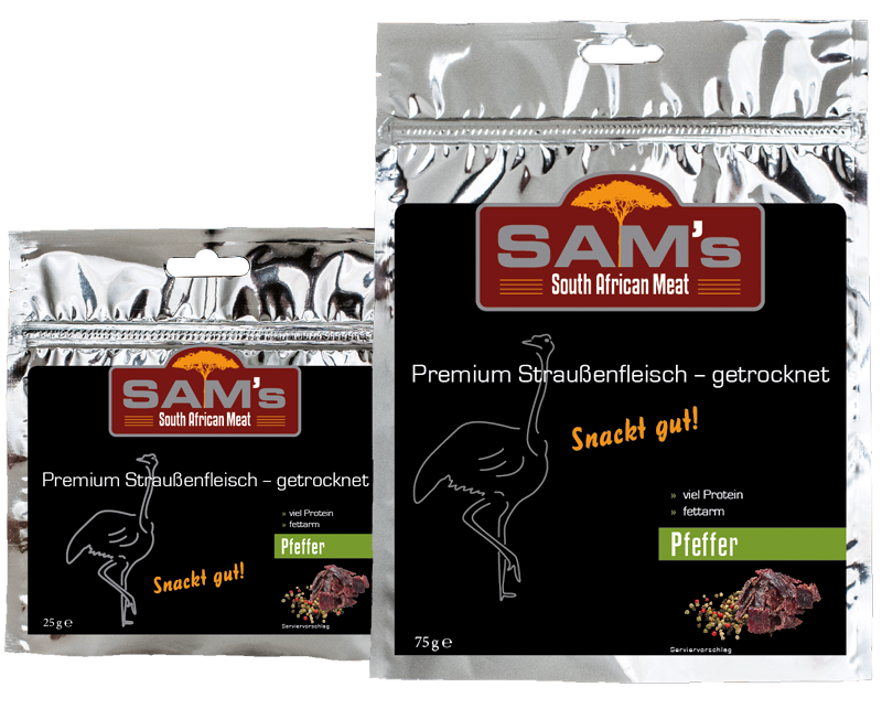 – SAM`s aus Produkte Südafrika getrocknet – Premium Straußenfleisch